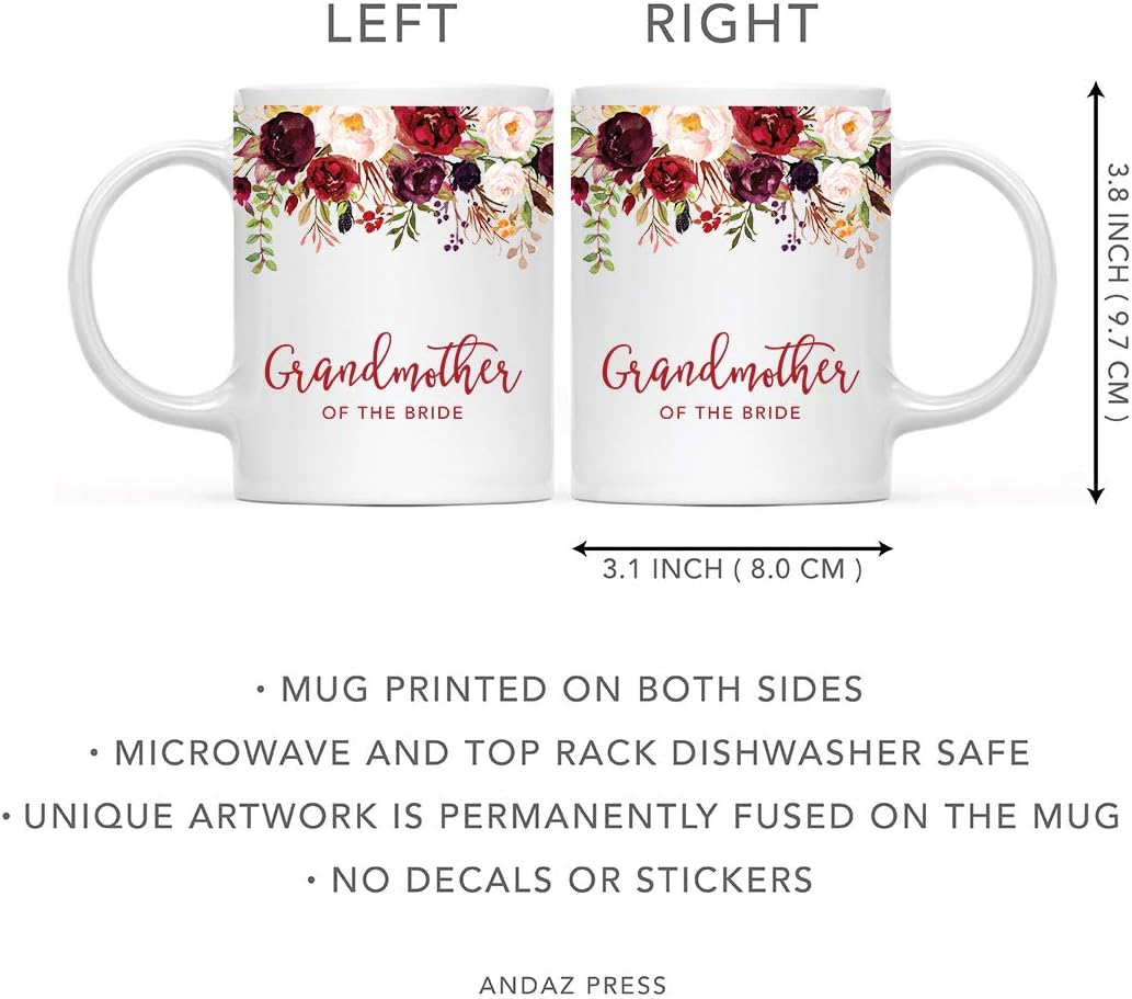 Andaz Press 11oz. Wedding Ceramic Coffee Tea Mug Gift, Fall Autumn Marsala Burgundy Flowers Roses Florals, Grandmother of the Bride, 1-Pack, Includes Gift Box