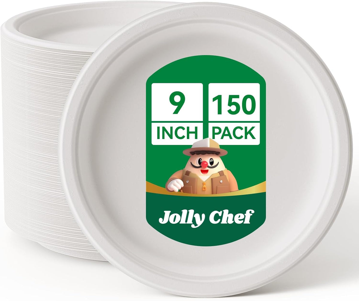 JOLLY CHEF Compostable Heavy Duty Plates 9 Inch [150 Pack] Eco-Friendly Disposable Natural Paper Plates Bagasse Biodegradable Bulk for Party Dinner Sugarcane Fibers Round 150 Count(White)