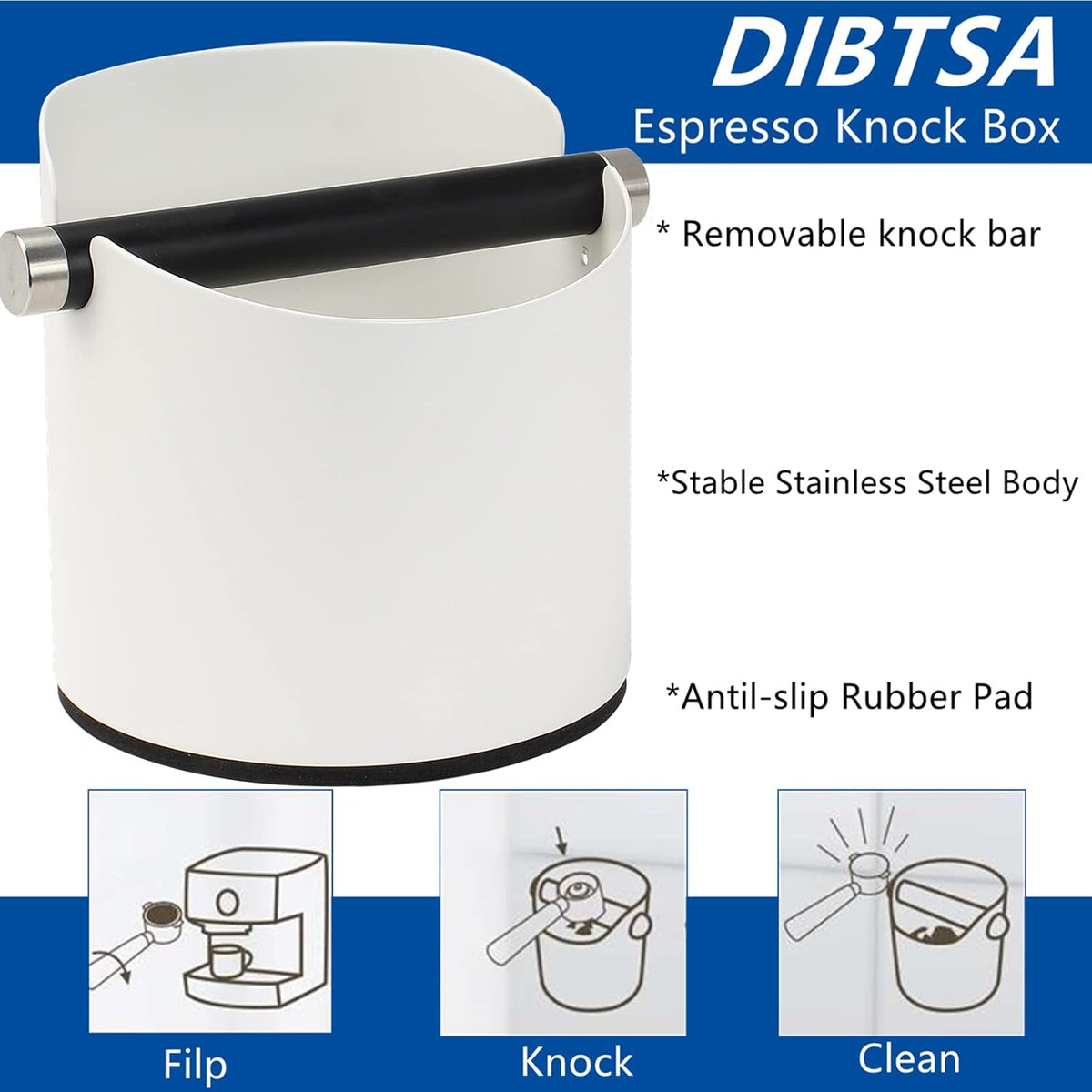 DIBTSA Coffee Knock Box, Espresso Knock Box Stainless Steel Espresso Machine Accessories with Removable Knock Bar and Non-Slip Base Coffee Grounds Container Bin, Large (White)