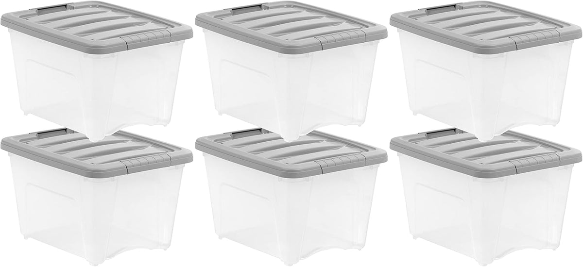 Amazon Basics Plastic Storage Containers with Secure Latching Lids, Stackable Organization Bins, Clear/Grey, 19 Quart, Set of 6