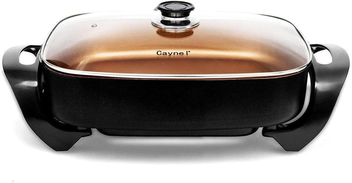 Caynel Professional Non-stick Copper Electric Skillet Jumbo, Deep Dish with Tempered Glass Vented Lid, Upgrade Thermostat, 16”x 12”x 3.15”- 8 quart
