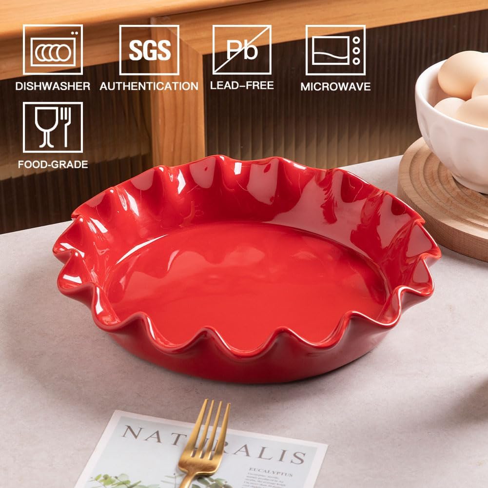 Sweejar Ceramic 11.5 Inches Pie Pan for Baking, Deep and Fluted Porcelain Round Pie Dish, Non-Stick Pie Plate for Pumpkin Pie, Apple Pie, Pie Pots with Morden Farmhouse Design(Red)