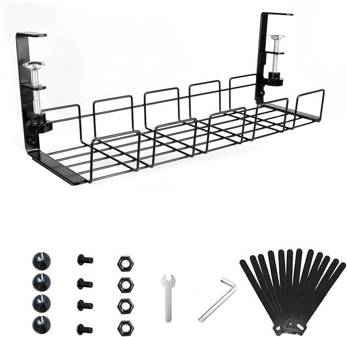 Cable Management Tray Kit- 15.7'' Long 5.1'' Wide Workspace Organizers, Steel Cord Organizers, 4 Cable Holder, 12 Roll Cable Organizer Straps, No Drill, No Damage to Desk(Black)