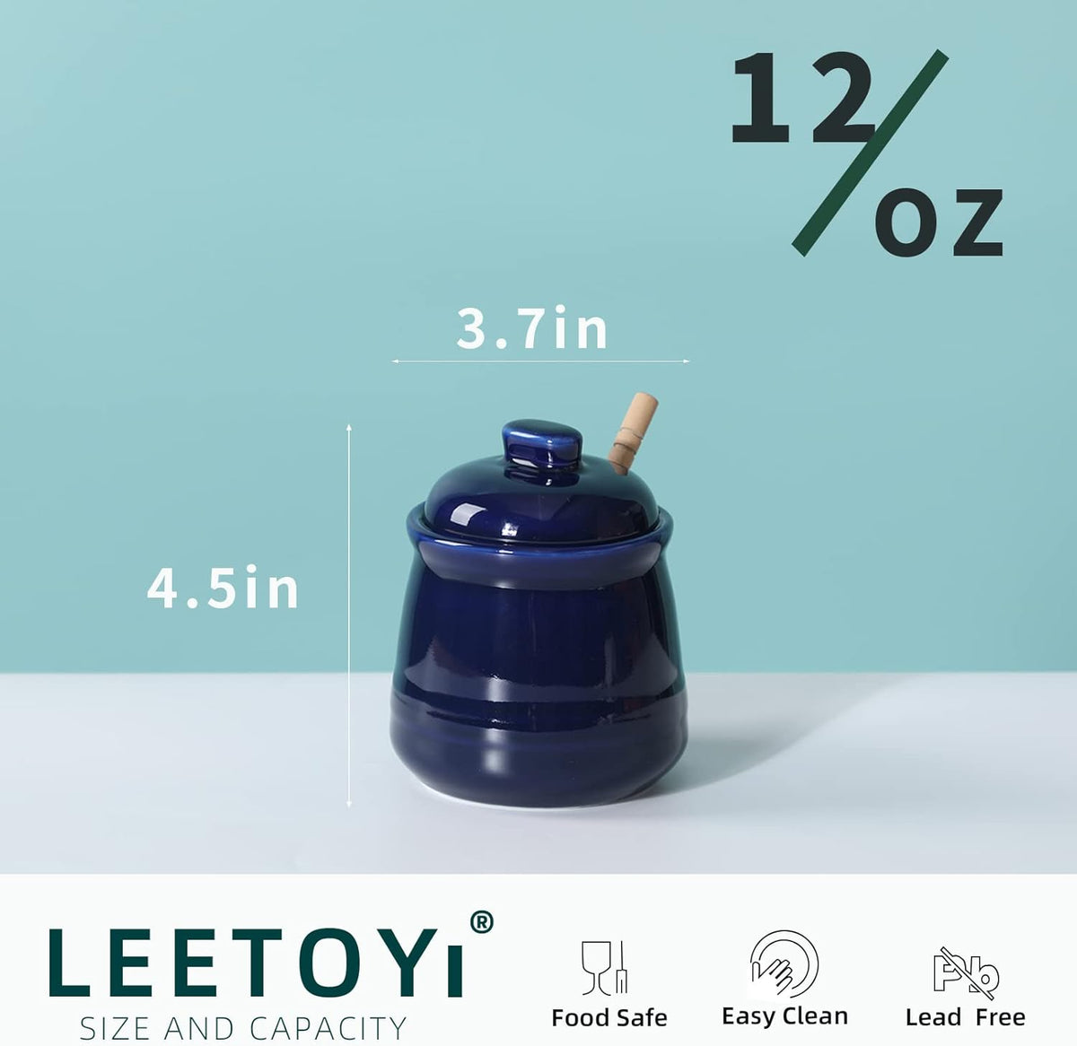 LEETOYI Porcelain Honey Jar with Lid and Dipper,Ceramic Honey pot,12oz (Navy)