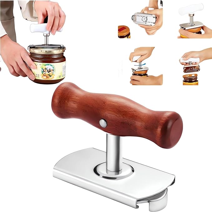 2024 New Effortless Arthritis Jar Opener - Jar Opener Bottle Opener for Weak Hands, Adjustable Grip Jar Openers for Seniors, Stainless Steel Easy Open Lid Opener - Simple But Powerful (Wooden)