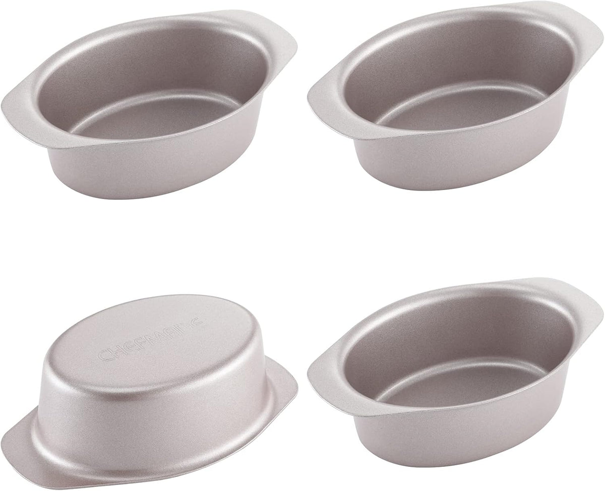 CHEFMADE Mini Cheese Cake Pan Set, 3.7-Inch 4Pcs Non-Stick Oval Cake and Loaf Bakeware for Oven and Instant Pot Baking (Champagne Gold)
