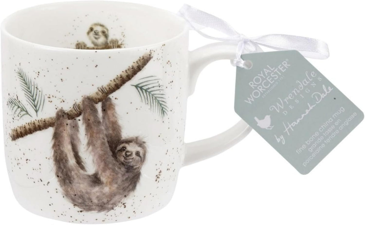Royal Worcester Wrendale Designs Farmhouse Style Mug, Hanging Around - 14 oz Fine Bone China Mug with Sloth Illustration for Cozy Kitchen Vibes - Floral Drinkware for Daily Comfort
