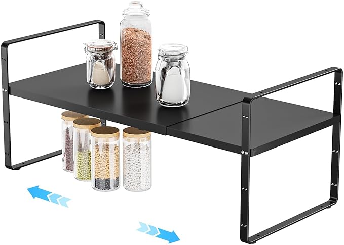 16.5-27’’L Expandable Stackable Cabinet Shelves, Adjustable Spice Rack Cabinet Shelf Organizer for Kitchen, Countertop, Pantry and Cupboard, Black