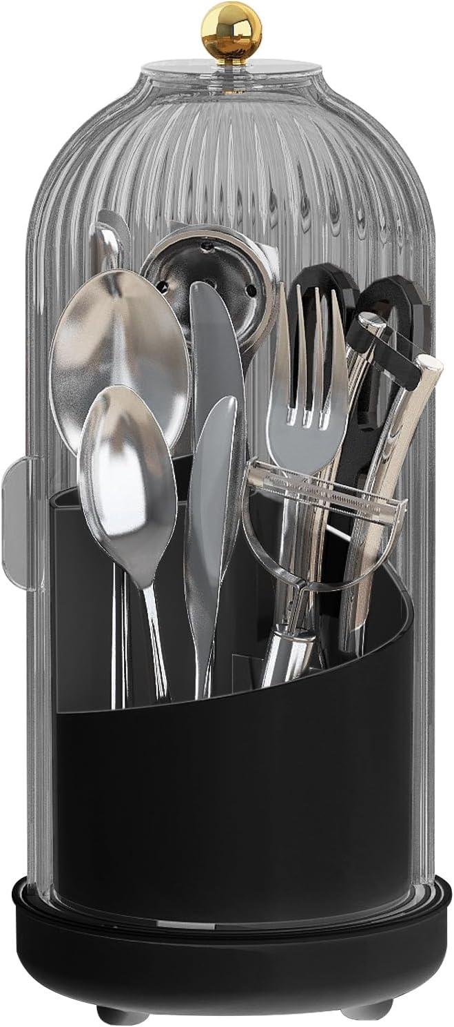 JEESA Utensil Holder with Lid, 360° Rotating Flatware Organizer for Cutlery Spoon Fork(H Less 8"), Silverware Caddy Organizer Drainage Dustproof Flatware Holder Kitchen Countertop Storage, Black
