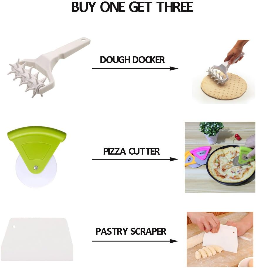Time-Saver Pizza Dough Roller Docker - Dough Blistering Killer - Buy One Get Three (Pizza Cutter and Pastry Scraper) - Gift Package