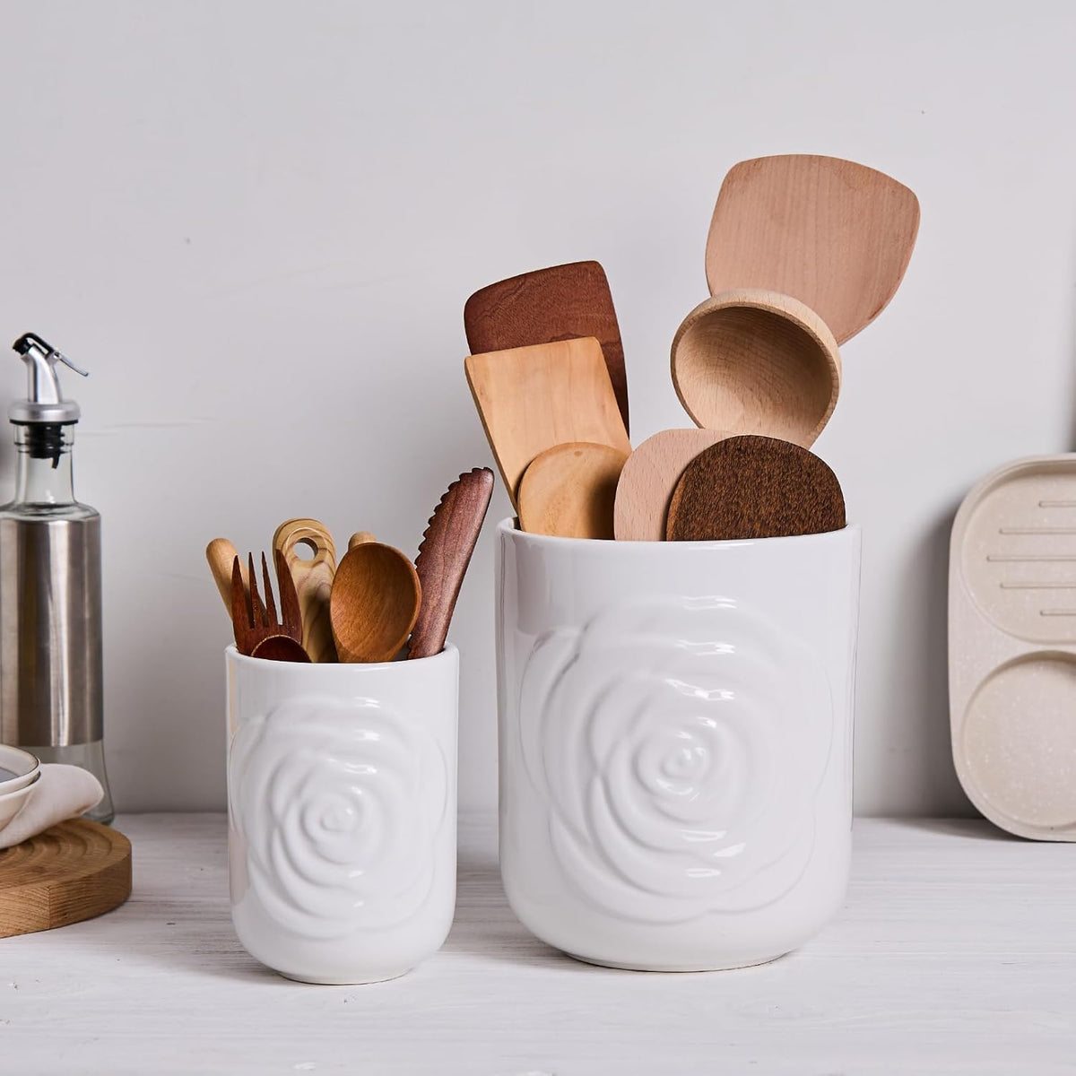 White Ceramic Utensil Holder Set of 2 - Rose Carved Design, Kitchen Countertop Utensil Organizer for Spatula, Spoon & Cooking Tools, Large (7.5") & Small (5.5"), Farmhouse Kitchen Counter Decor