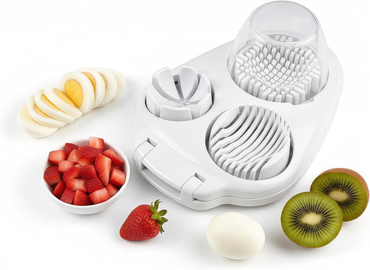 3 in 1 Egg Slicer Dicer & Cuber for Hard Boiled Eggs - Heavy Duty Stainless Steel, 3 Slice Modes Kitchen Gadget for Strawberry, Grape, Cherry Tomato - Easy to Clean, Dishwasher Safe (White)