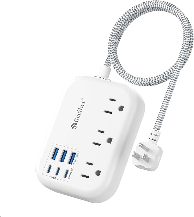 Short Extension Cord 2 Foot- 6 USB(3 USB C) Travel Power Strip with 24W USB Charging Station and 3 Outlets, 2ft Small Flat Plug Extension Cord Surge Protector for Travel Home College Dorm 13A