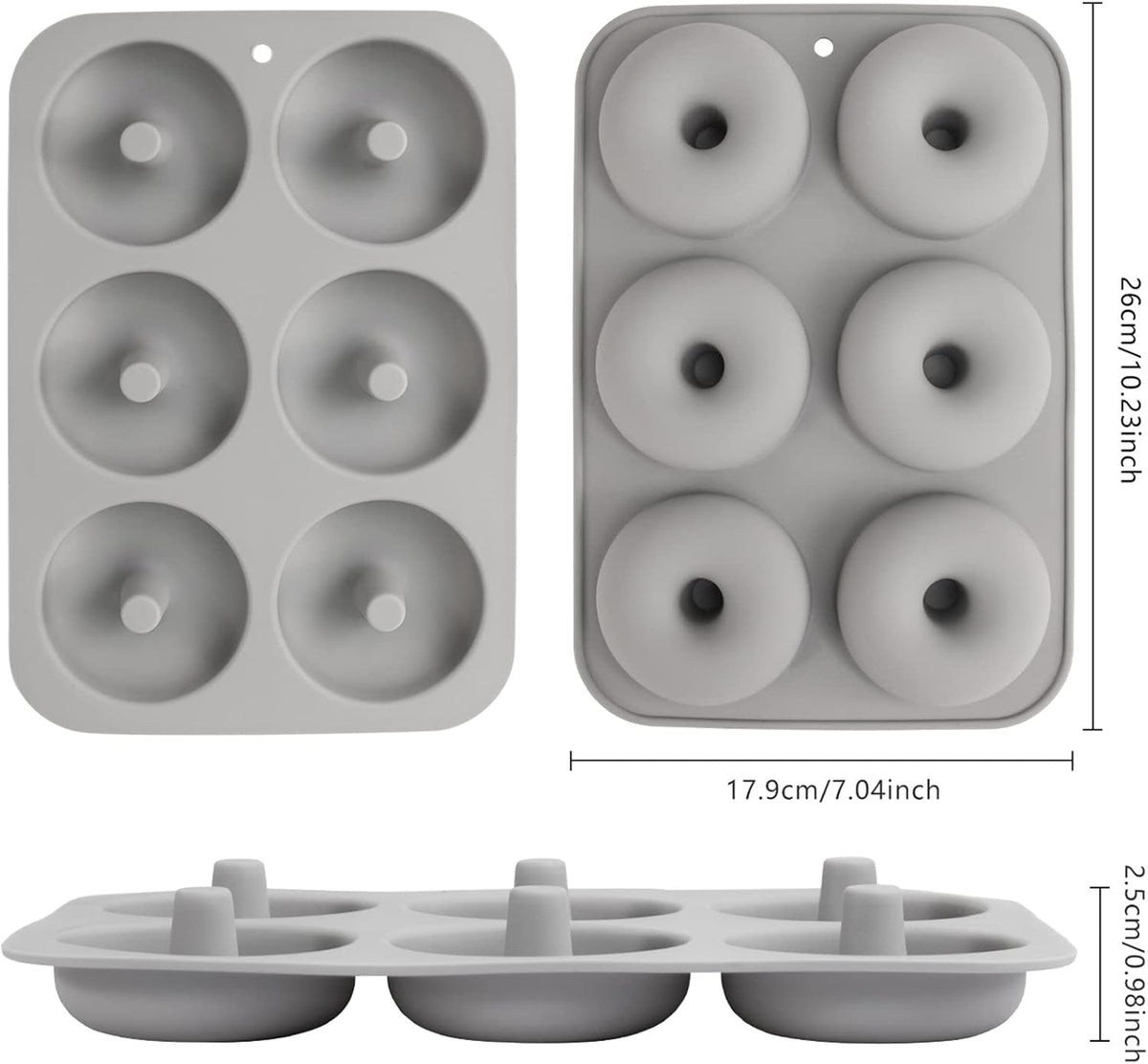 Aichoof Silicone Donut Mold for 6 Doughnuts, Set of 2. Food Grade LFGB Silicone Bagels Baking Pan, Non-Stick, Dishwasher Safe, Heat Resistant and Microwave Safe(Gray)