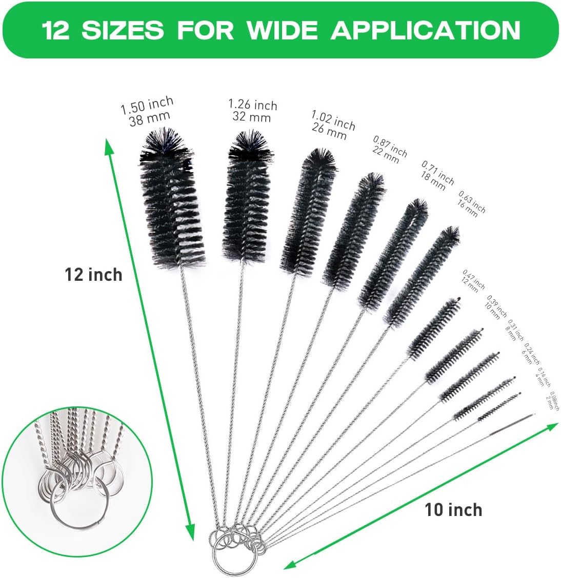 Straw Cleaner Brush Set,12 Pieces Extra Long Pipe Water Bottle Brushes for Cleaning Reusable Drinking Straws,Bird Feeders,Pipes,Black (12pcs Different diameters Set)