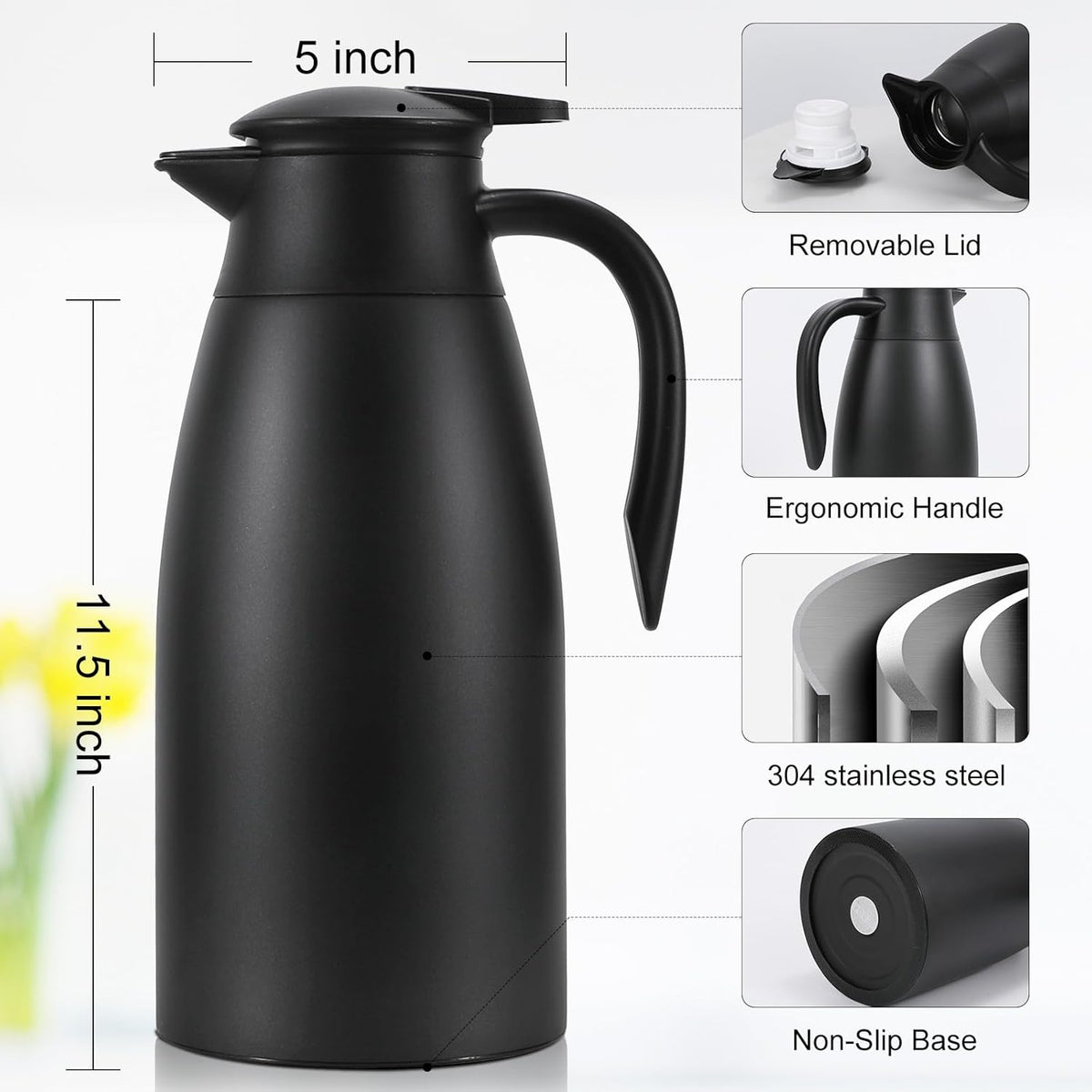 70 oz Thermal Coffee Carafe, Updated Insulated Stainless Steel Coffee Carafes for Keeping Hot Coffee & Water Hot Beverage-12Hours, Double Walled Vacuum Coffee Carafe (2black)