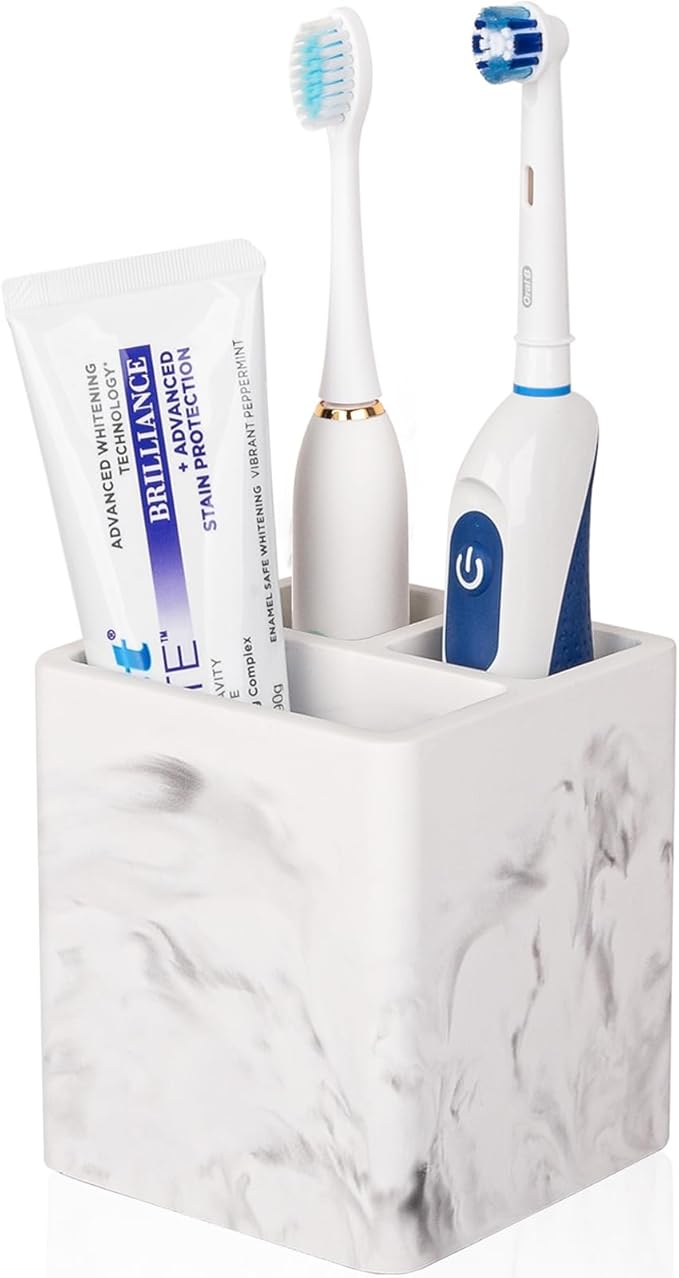 Diatomite Toothbrush Holders for Bathrooms, Electric Toothbrush and Toothpaste Holder 3 Slots Tooth Brush Organizer for Bathroom Countertop, Shower, Vanity - Marble White