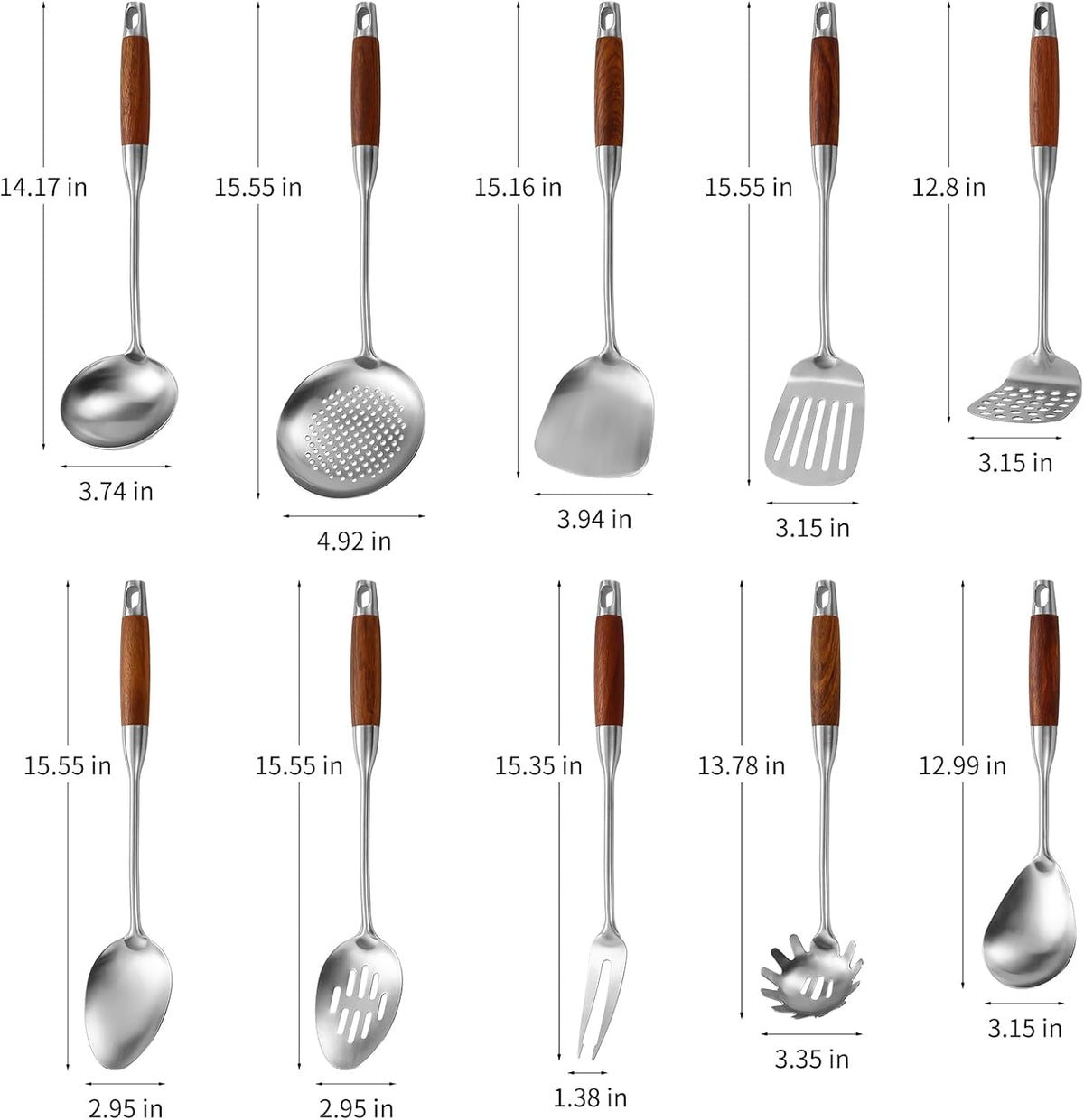 Stainless Steel Kitchen Utensils Set with Wood Handle, 18/10 Metal Cooking Utensils Set, 10-Piece - Spatula, Spoon, Ladle, Skimmer, Slotted Turners, Pasta Server, Fork, Masher(Dishwasher Safe)