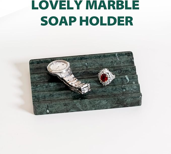 Soap Holder, Marble Soap Dish for Shower, Green Bar Soaps Holder with Water Ripple Design, Easy Cleaning Soaps Saver for Kitchen Sink，Bathroom, Executive Indian Natural Stone Soap Tray