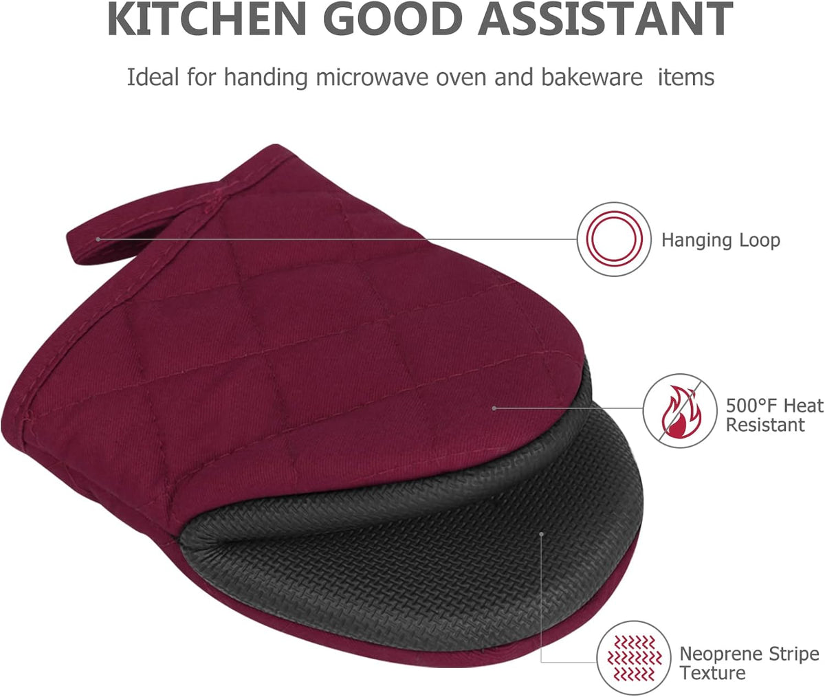 Qulable 1 Pair Short Oven Mitts - Silicone Kitchen Oven Gloves High Heat Resistant 500℉, Mini Oven Mits with Non-Slip Grip Surfaces and Hanging Loop for BBQ, Baking, Cooking and Grilling (Dark Red)