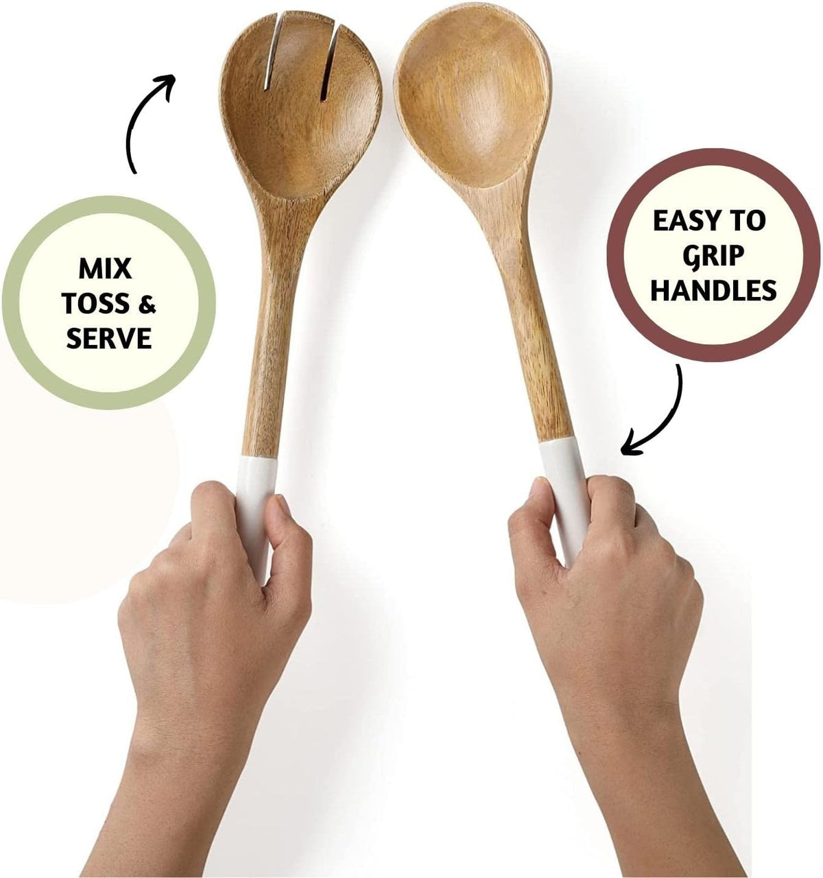 Folkulture Salad Servers or Salad Tongs, Wooden Utensils for Serving Salad, 12-inch Spoon and Fork Set, Mango Wood, White
