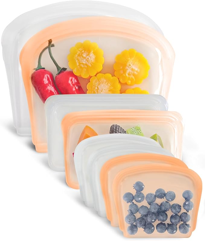 Reusable Silicone Storage Bag, 8Pack Pocket, Snack, and Sandwich Bag, Endurables Seal-Top Silicone Bags for Food Storage, Freezer, Microwave, Oven, Dishwasher Safe (Clear & Peach)