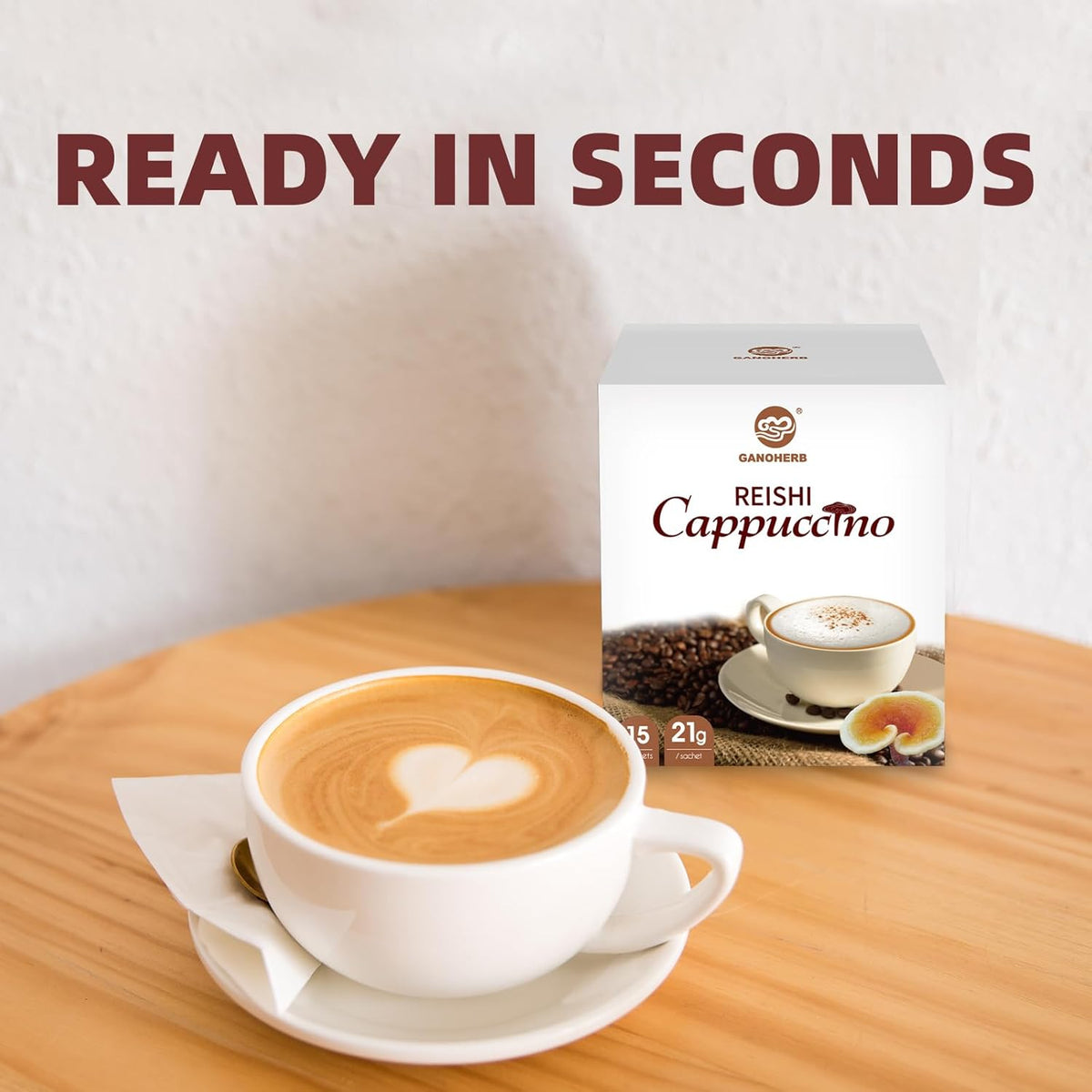 Mushroom Coffee Alternative Cappuccino Mix, Instant Superfood Coffee Drink with Reishi Mushroom Extract for Stress Relief, Immune Support, Smooth and Tasty, 11.1oz, 15 Count
