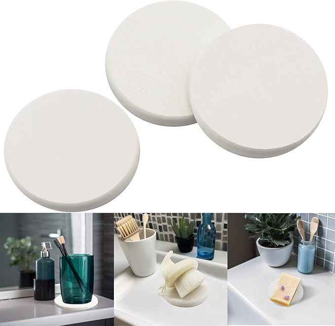 Mucco Water Absorbing Stone Tray for Sink, Water Absorbent Diatomite Coasters, Premium Diatomaceous Earth Soap Holder Dish，Fast Drying Stone Sink Tray for Hand soap & Cups & Drinks Bottles (3 White)