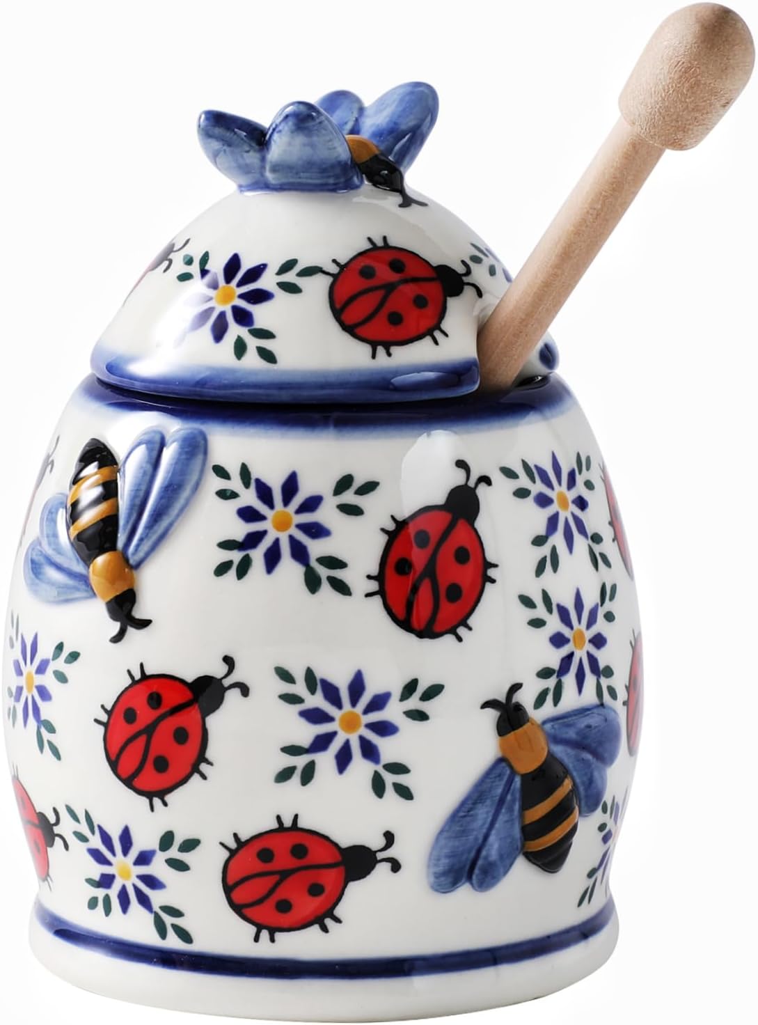 ZOOBEE Ceramic Honey Jar with Dipper and Lid,10oz Honey Pot with Embossed Bees, Handpainted Honey Container for Home Kitchen Decor, Dishwasher Safe- Summernight Ladybug