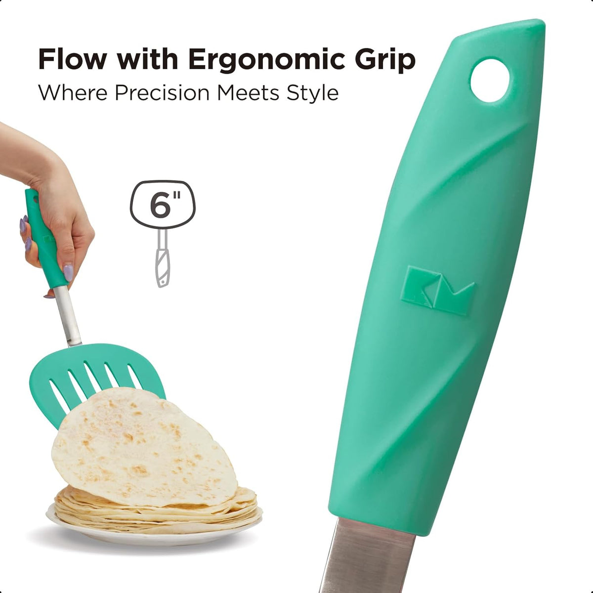 Kitchen Mama WaltzGrip Platinum Silicone Pancake Spatula Turner: Heat Resistant Flexible, Stainless Steel Core, Nonstick, Dishwasher Safe, Flipper – Ideal Kitchen Cookware for Eggs, Fish, Meat (Teal)