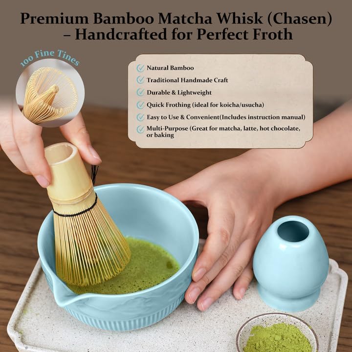 7PCs Matcha Whisk Set Traditional Japanese Matcha Kit with Ceramic Bowl Bamboo Chasen Tea Spoon Holder Sifter Tea Towel Ceremony Matcha Tea Making Tools Green Tea Set for Beginners