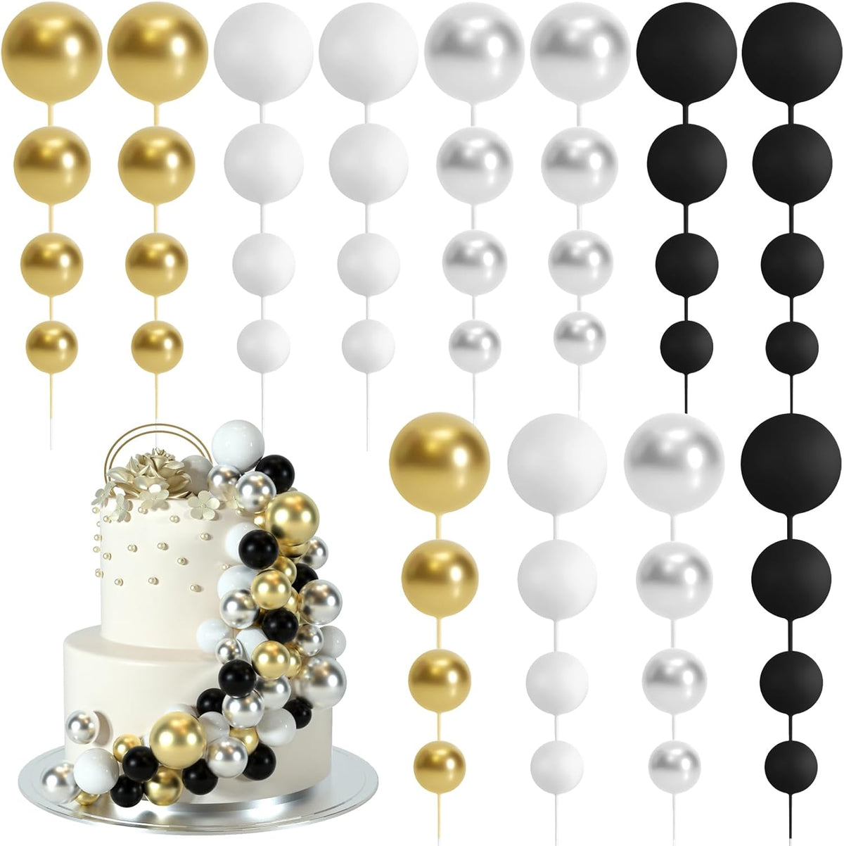 48 Pcs Balls Cake Topper Decorations Balloon Cupcake Toppers Foam Cake Topper Balls Cake Balls Decorations for Birthday Party Wedding Anniversary Cake Decorating (Black, Silver, White, Gold)