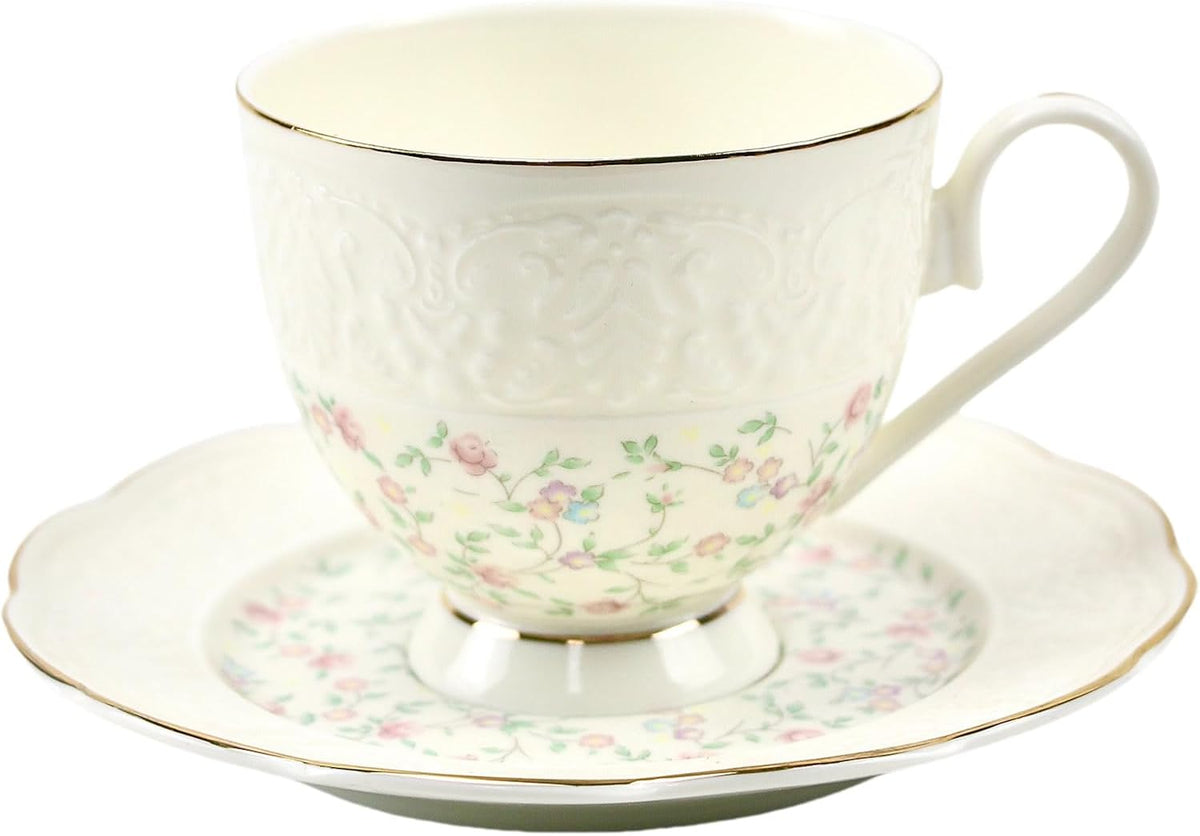 TATSUMI Interglio Embossed Bone China Tea Cup and Saucer Set, 3 Pieces Vintage Style Coffee Cup & Saucer Set For Women Wedding Gift (Starlight Pink, 1 set)