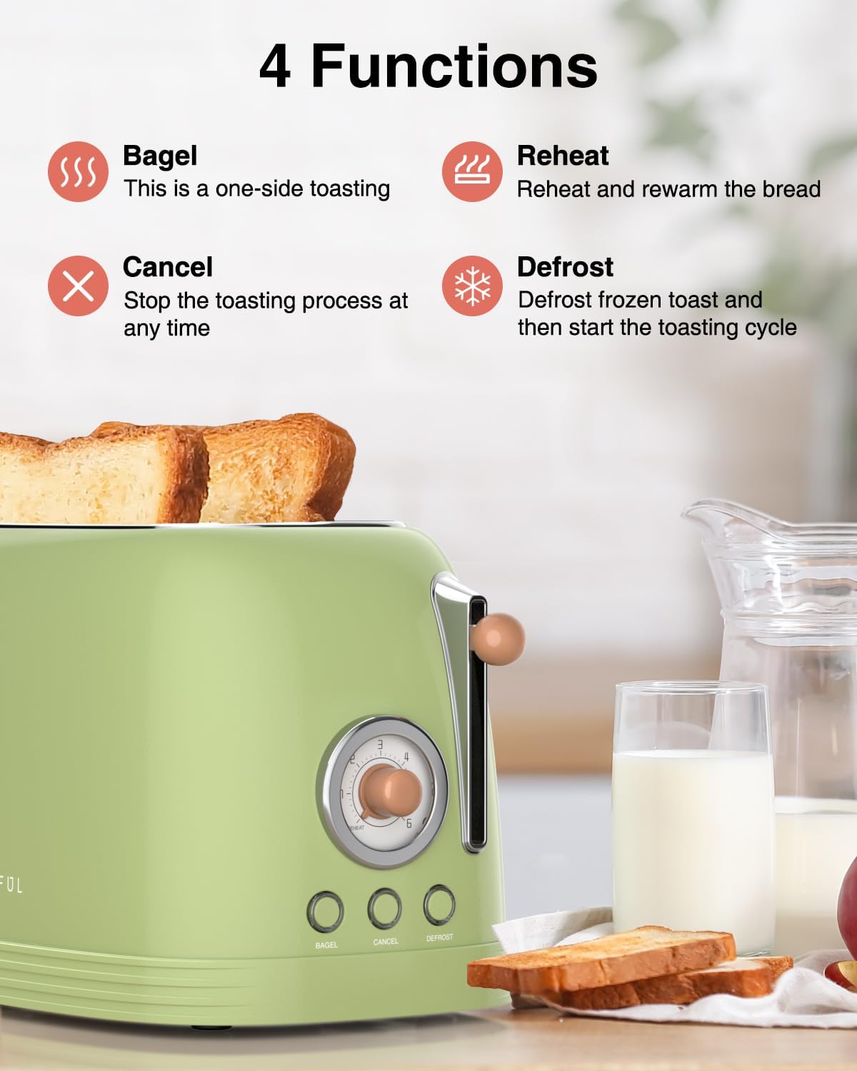 CROWNFUL 2-Slice Toaster, Extra Wide Slots Toaster, Retro Stainless Steel with Bagel, Cancel, Defrost, Reheat Function and 6-Shade Settings, Removal Crumb Tray, Green