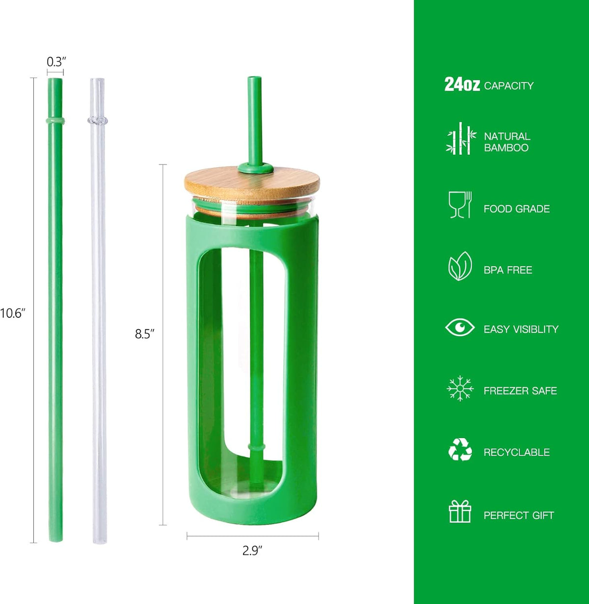 Kodrine 20oz Glass Tumbler with Straw and Lid, Iced Coffee Cups with Bamboo Lids, Glass Cups for Cold Drinks, Smoothie Cup with Silicone Sleeve for Travel, Work, BPA FREE-SpringGreen