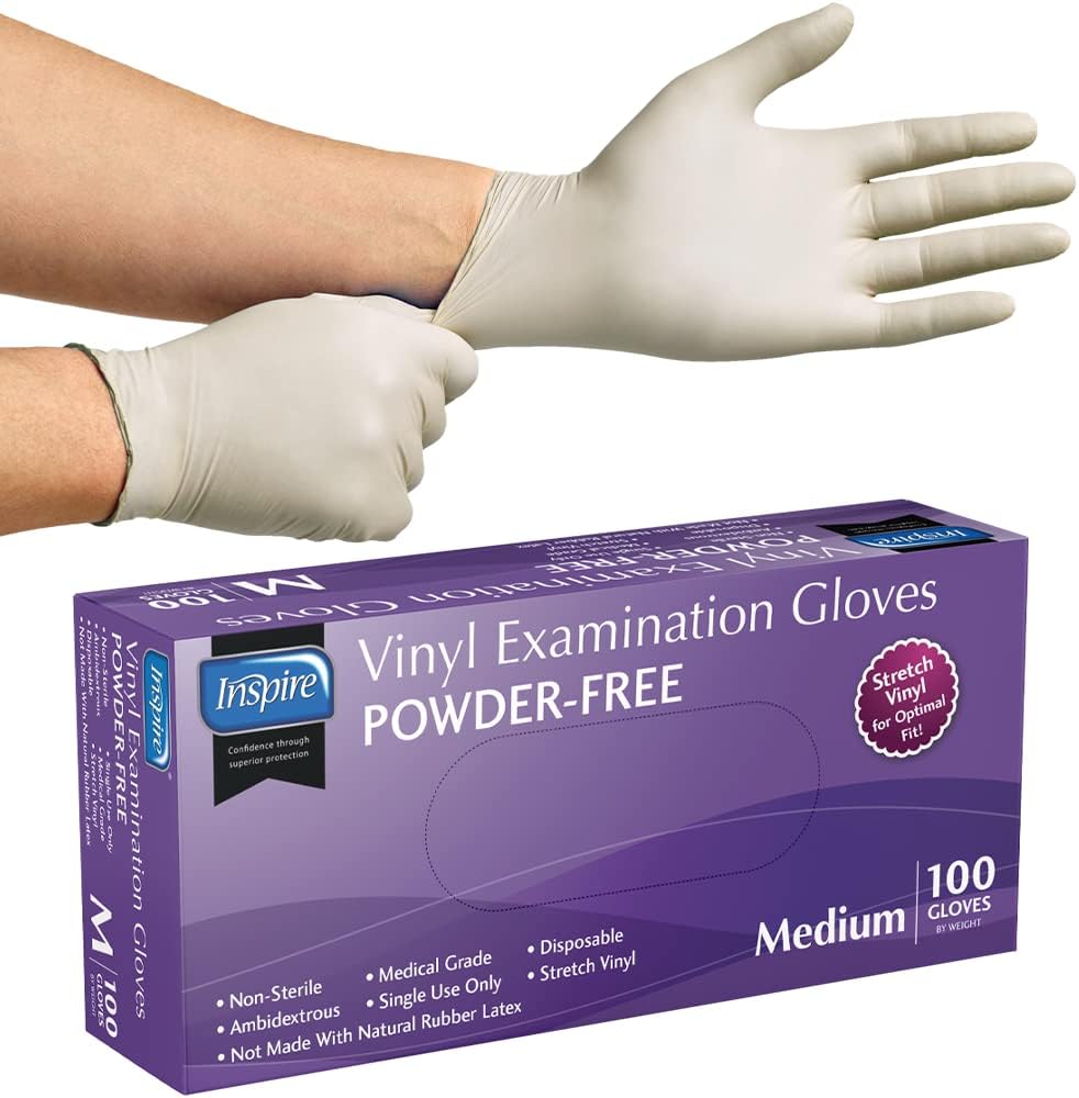 Inspire Exam Grade Powder & Latex Free Stretch Vinyl Gloves, Medium, 100 Count, White