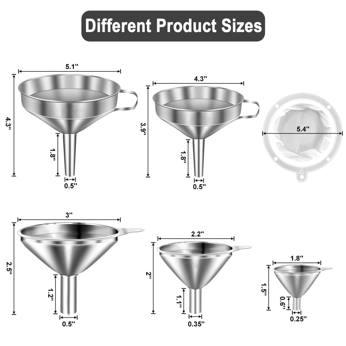 Stainless Steel Funnels for Kitchen use,5 Different Sizes of Kitchen funnels,Metal Funnel with 2 Removable Strainer,Cleaning Brush,200 Mesh Food Filter,for Transferring of Liquid,Oils,Jam