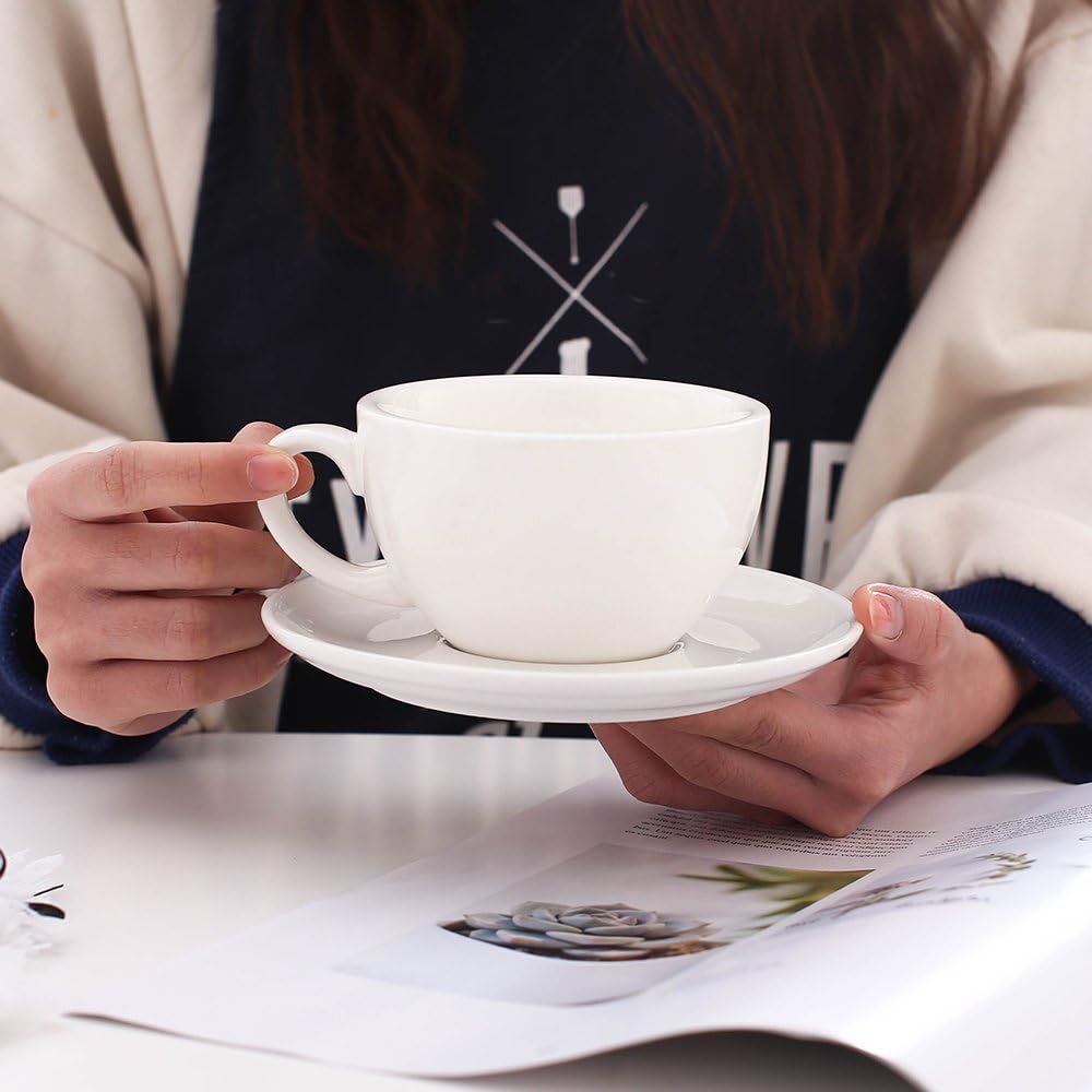 Porcelain Speciality Coffee Cup and Saucer, Small Cappuccino and Double Espresso, New Bone China for Coffee Shop and Barista (Glossy White, 5 oz)