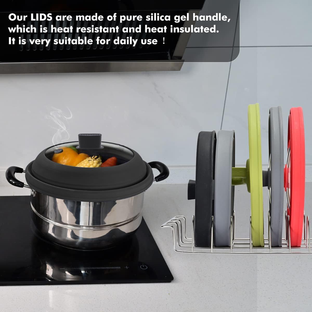 Microwave Splatter Cover Glass Cover Guard Lid with Collapsible Silicone for Food Pot Plate Cover 9.8 inch Black
