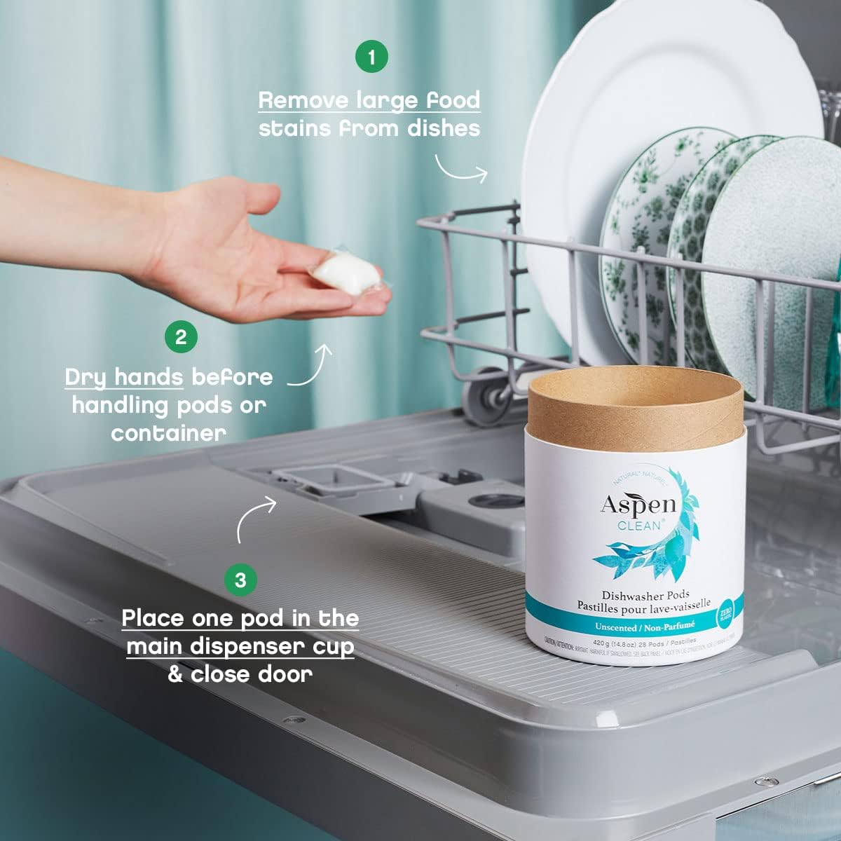 Unscented Dishwasher Pods by AspenClean, Dye-Free, Zero Plastic, Vegan, Eco-Friendly, Natural Dishwasher Detergent, EWG Verified™ - 28 Count (3 Pack)