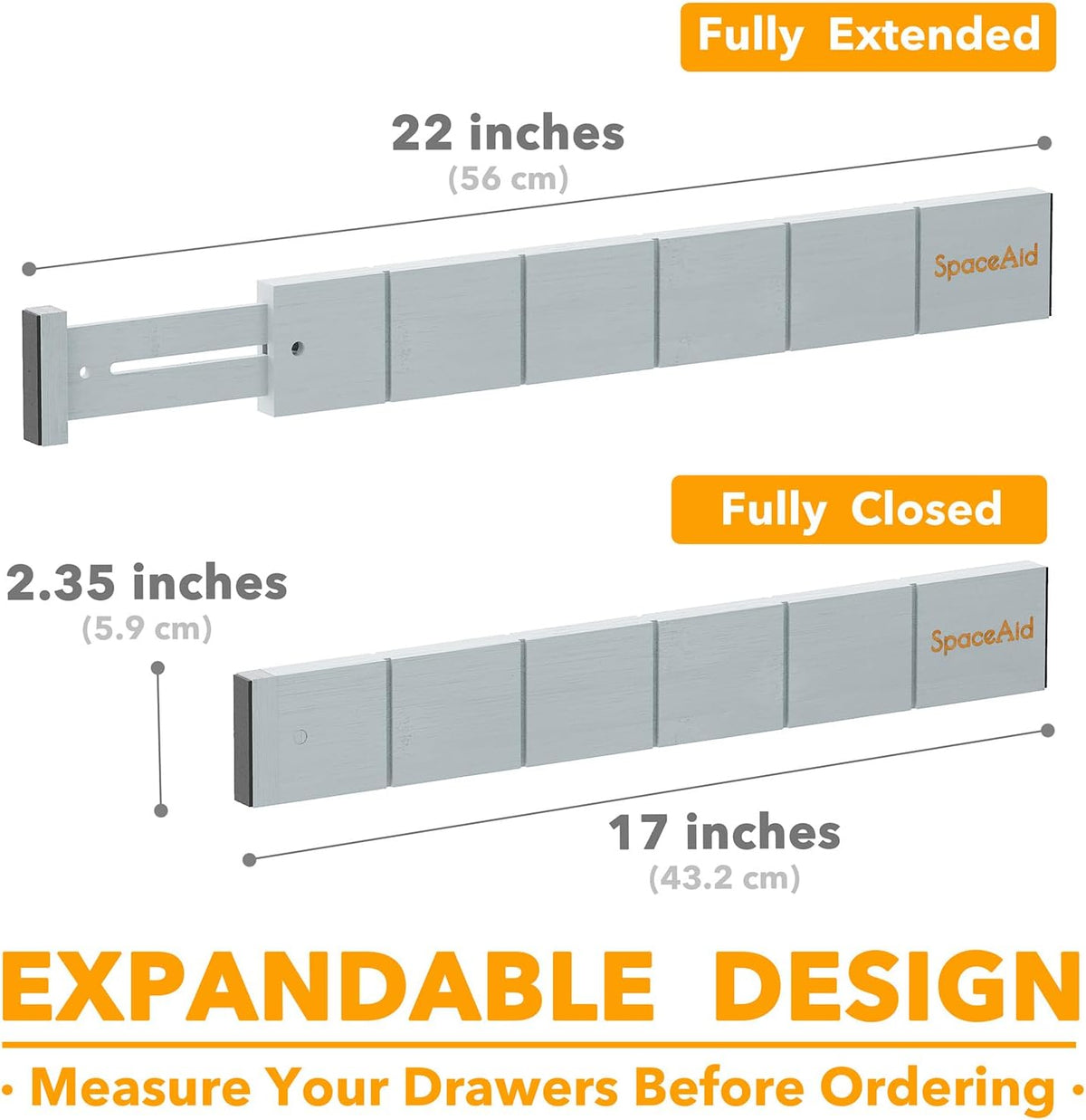 SpaceAid Bamboo Drawer Dividers with Inserts and Labels, Kitchen Adjustable Drawer Organizers, Expandable Organization for Home, Office, Dressers, 7 Dividers with 15 Inserts (17"-22" Gray)