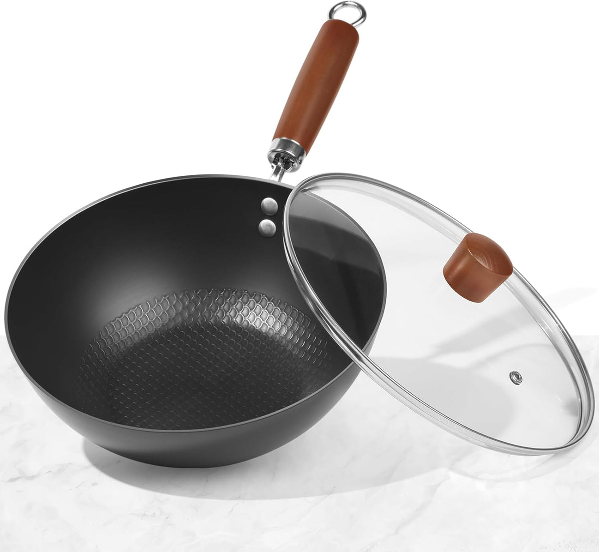 Carbon Steel Wok Pan, 10.5" Authentic Chinese Stir-Fry Pans Set with Glass Lid, 1.87lb Lightweight Flat Bottom Small Wok for 2-3 Servings