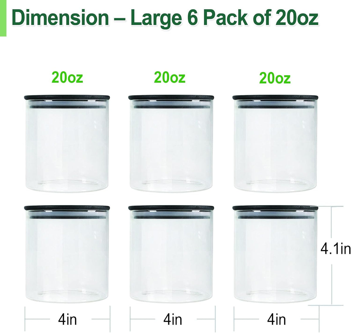 Urban Green Glass Jars with Airtight Black Lids, Food Storage Container with Airtight Lids, Glass Canisters Sets, Kitchen Food Storage Containers (6 Sets of 20oz)