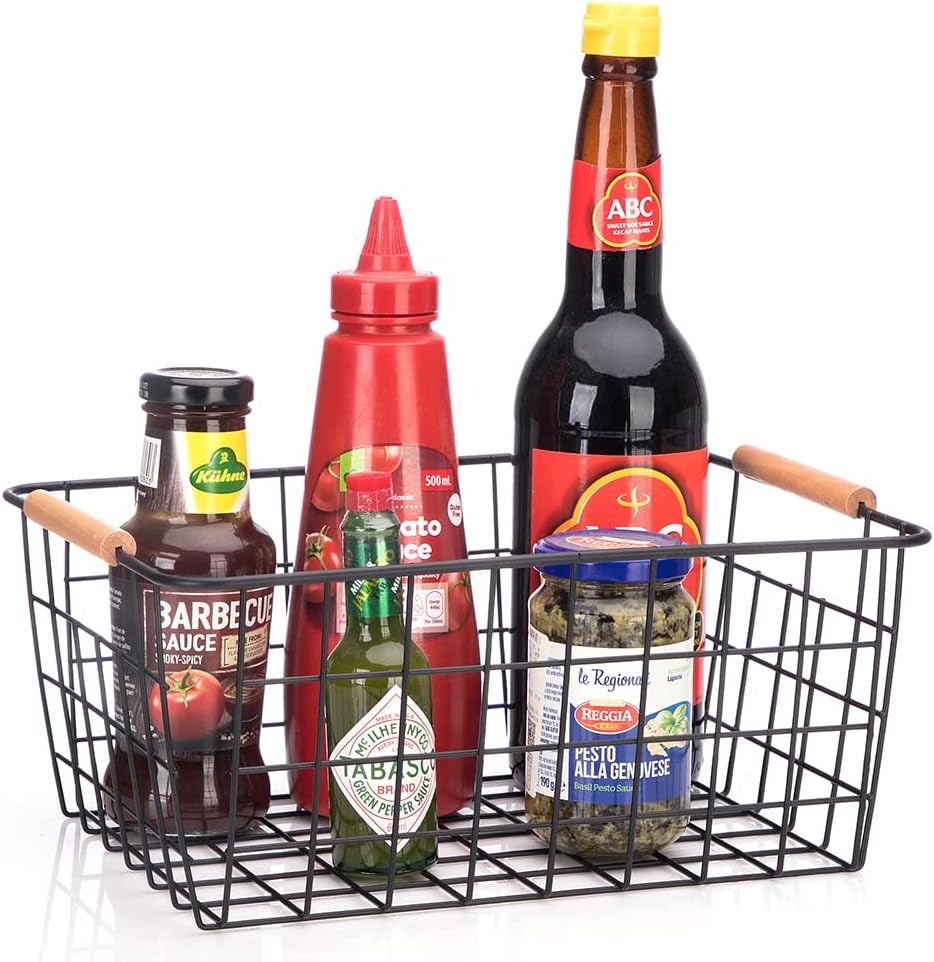 Metal Wire Food Storage Basket Organizer with Wooden Handles for Organizing Kitchen Cabinets, 4 Packs-Black