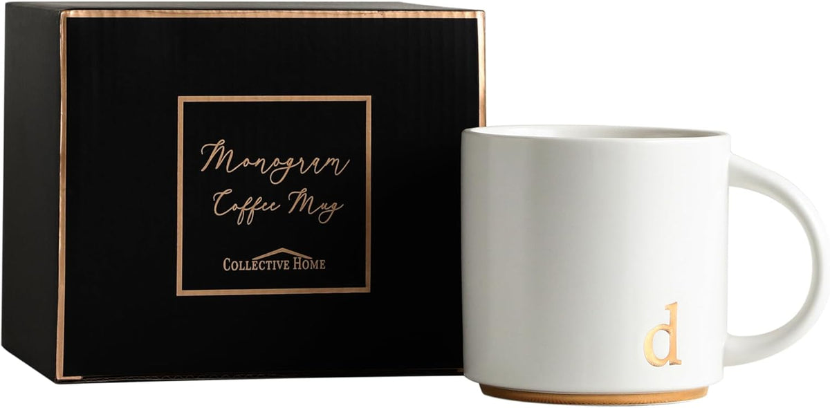 COLLECTIVE HOME - Monogram Ceramic Mugs, 15 oz Golden Initial Coffee Cups, Elegant Alphabet Tea Mugs, Elegant Personalized Mug with Gift Box, Luxurious Cups for Office and Home (d)