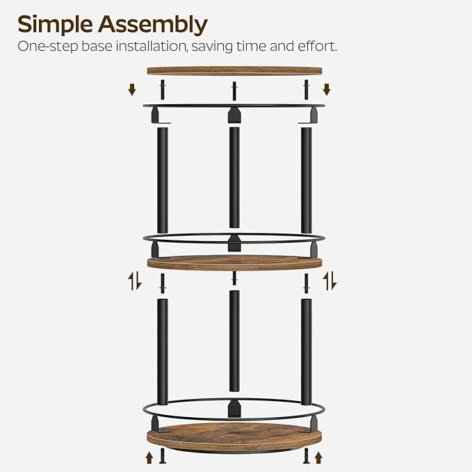 3-Tier Lazy Susan Organizer, Rotating Spice Rack, Spinning Organizer, Industrial Turntable Spice Rack Organizer for Cabinet, Kitchen Countertop, Pantry, Rustic Brown and Black SR23BR