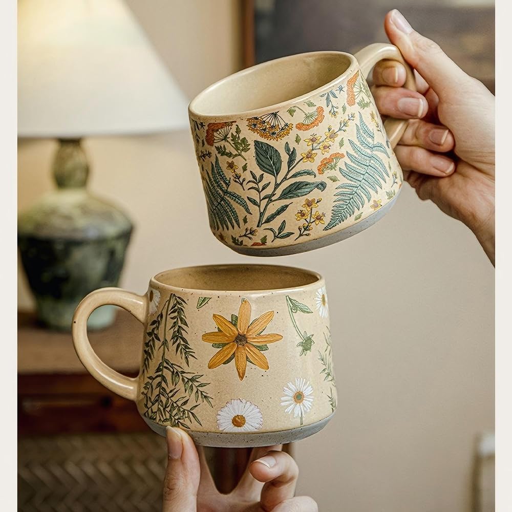 Floral Coffee Cup, 12oz Ceramic Hand Painted Porcelain Mug with Premium Gold Spoon, Cup for Cappuccino, Macchiato, Latte, Cafe, Tea, Unique Gift Idea (Graceful Daisies)