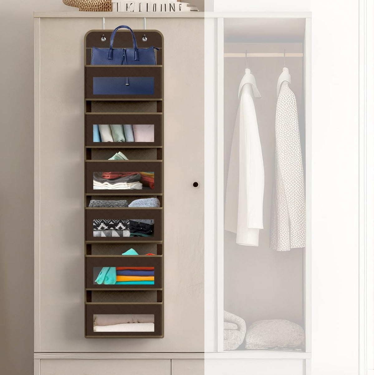 Simple Houseware 6 Clear Window Pocket Over Closet Door Storage Hanging Organizer for Bedroom, Bathroom, Pantry, Brown