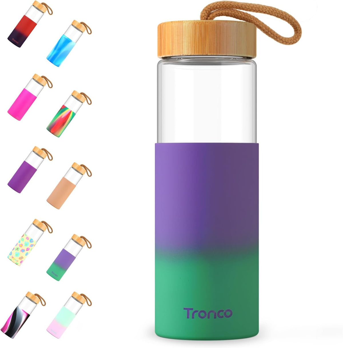 Tronco 24oz Glass Water Bottles with Bamboo Lid & Silicone Sleeve, Leak Proof, BPA Free, Reusable Borosilicate Glass Bottles for Juicing, Smoothies, Juice & Water, for Men & Women Gym, Office, Travel