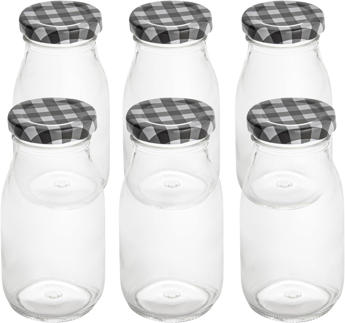Restaurantware-French Countryside 6 Ounce Glass Bottles, 10 Durable Juice Bottles - With Black Plaid Lid, Dishwashable, Clear Glass Countryside Bottle, For Hot And Cold Beverages